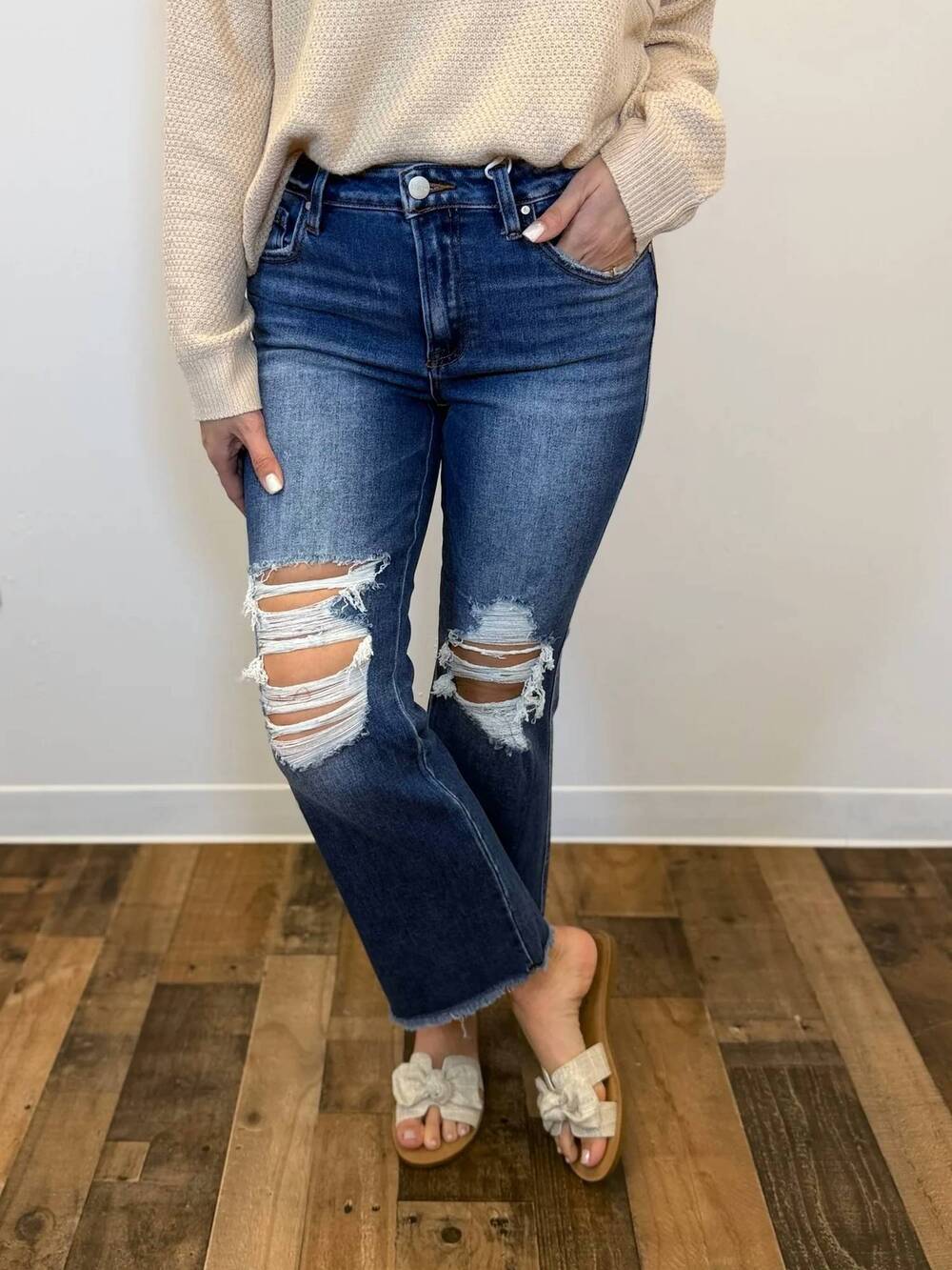 NEW RISEN distressed crop flare jean in dark blue